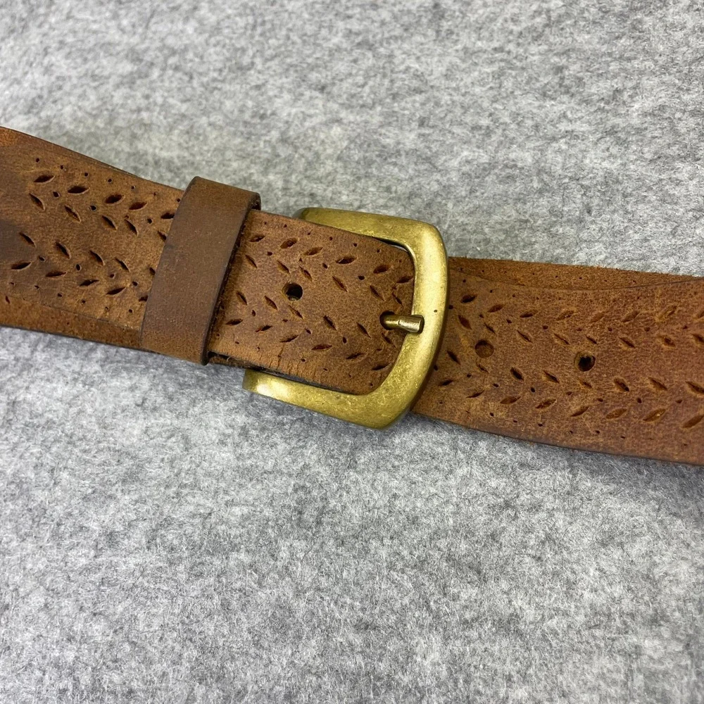 Womens Brown Genuine Leather Perforated Floral Belt 30''xDistressed Brass Buckle